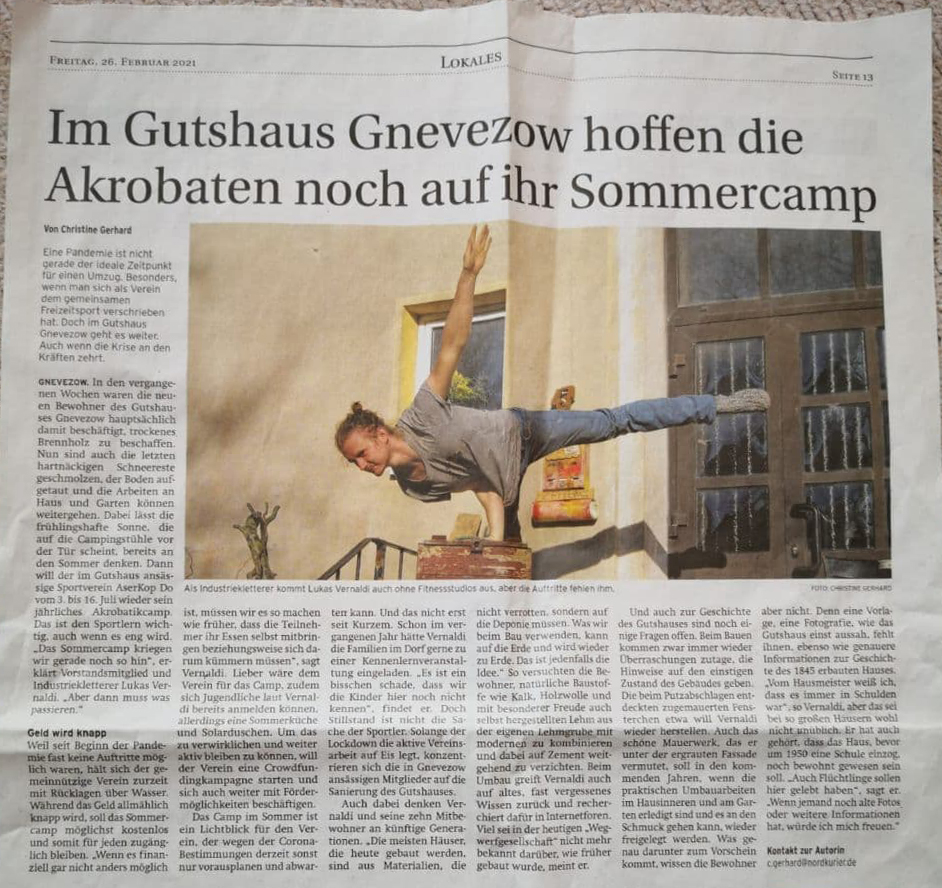 Im NORDKURIER: „Im Gutshaus Gnevezow hoffen die Akrobaten noch auf ihr Sommercamp“ (26.02.2021)